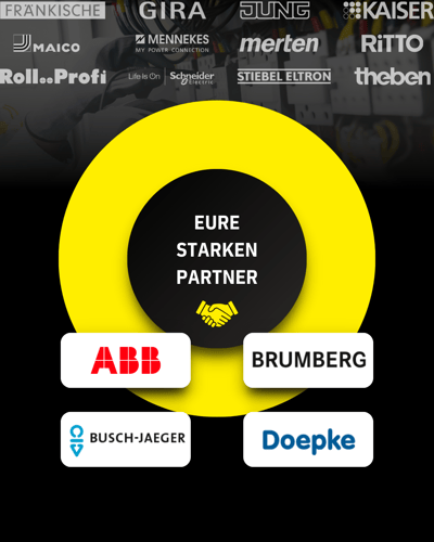 Übersicht der Elektromarken Starke Partner, darunter ABB, Brumberg, Busch-Jaeger und Doepke. Die Grafik betont die starke Partnerschaft und Kooperation im Elektrohandwerk.