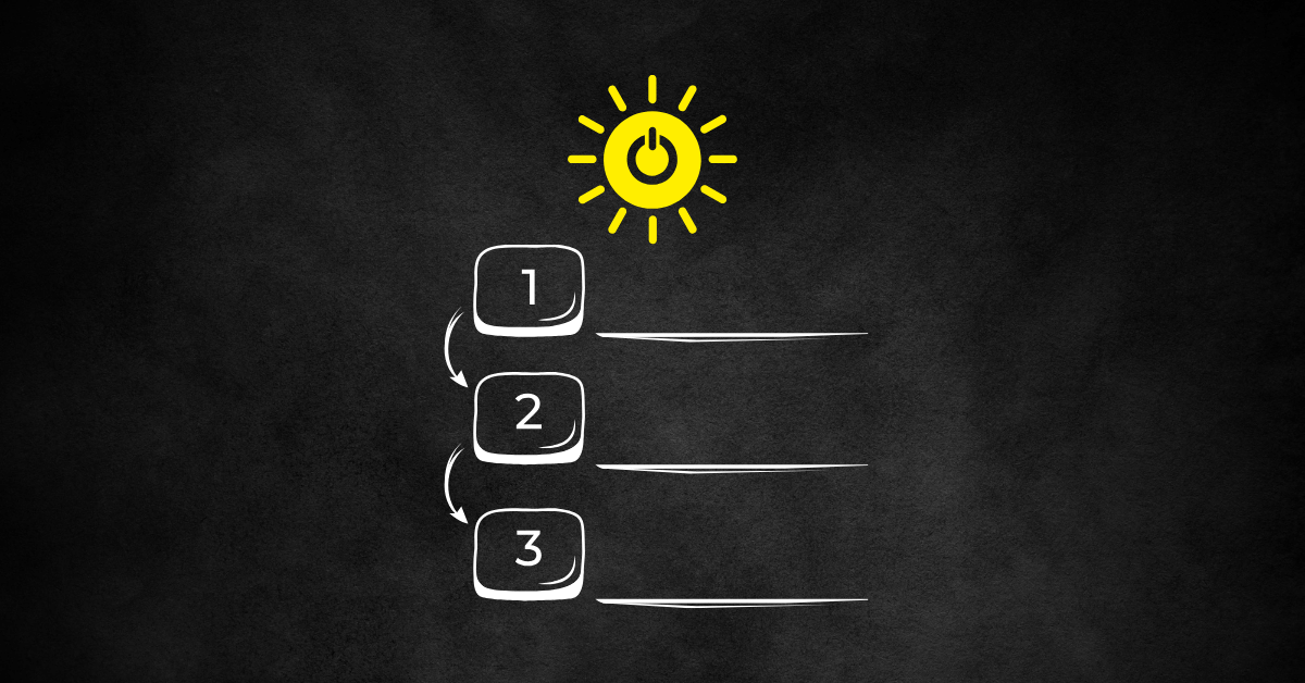 Drei nummerierte Pfeile mit Aufzählungspunkten, darüber ein Power-Symbol in Form einer leuchtenden Sonne.