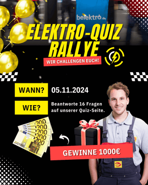 Ankündigung der Elektro-Quiz Rallye von Elektromarken Starke Partner auf der belektro. Teilnahme am 05.11.2024 möglich. Gewinne 1.000 € durch Beantwortung von 16 Quizfragen.