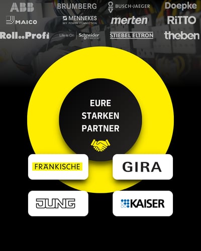 Grafik der Elektromarken Starke Partner, hervorgehobene Partner sind Fränkische, Gira, JUNG und Kaiser. Die Darstellung symbolisiert die starke Zusammenarbeit und das Engagement in der Elektrobranche.