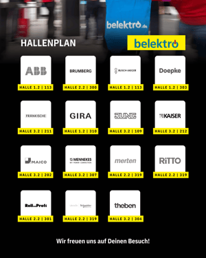 Hallenplan der belektro 2024 mit Standorten der Aussteller, darunter ABB, Brumberg, Busch-Jaeger, Doepke, Fränkische, Gira, Jung, Kaiser, Maico, Mennekes, Merten, Ritto, Roll-Profi, Schneider Electric und Theben.