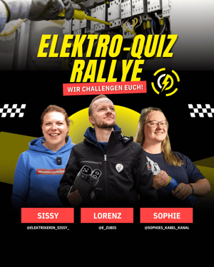 Drei Influencer bei der Elektro-Quiz Rallye auf der belektro 2024: Sissy, Lorenz und Sophie stellen sich der Herausforderung, 16 Quizaufgaben zu lösen.