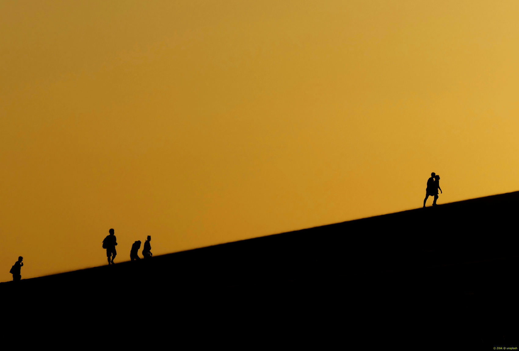 Berufsperspektiven - 6 Personen besteigen eine Anhöhe, die in dunkler Farbe vor einem gelb gefärbten Hintergrund gezeigt wird; Bild fotografiert von Zibik