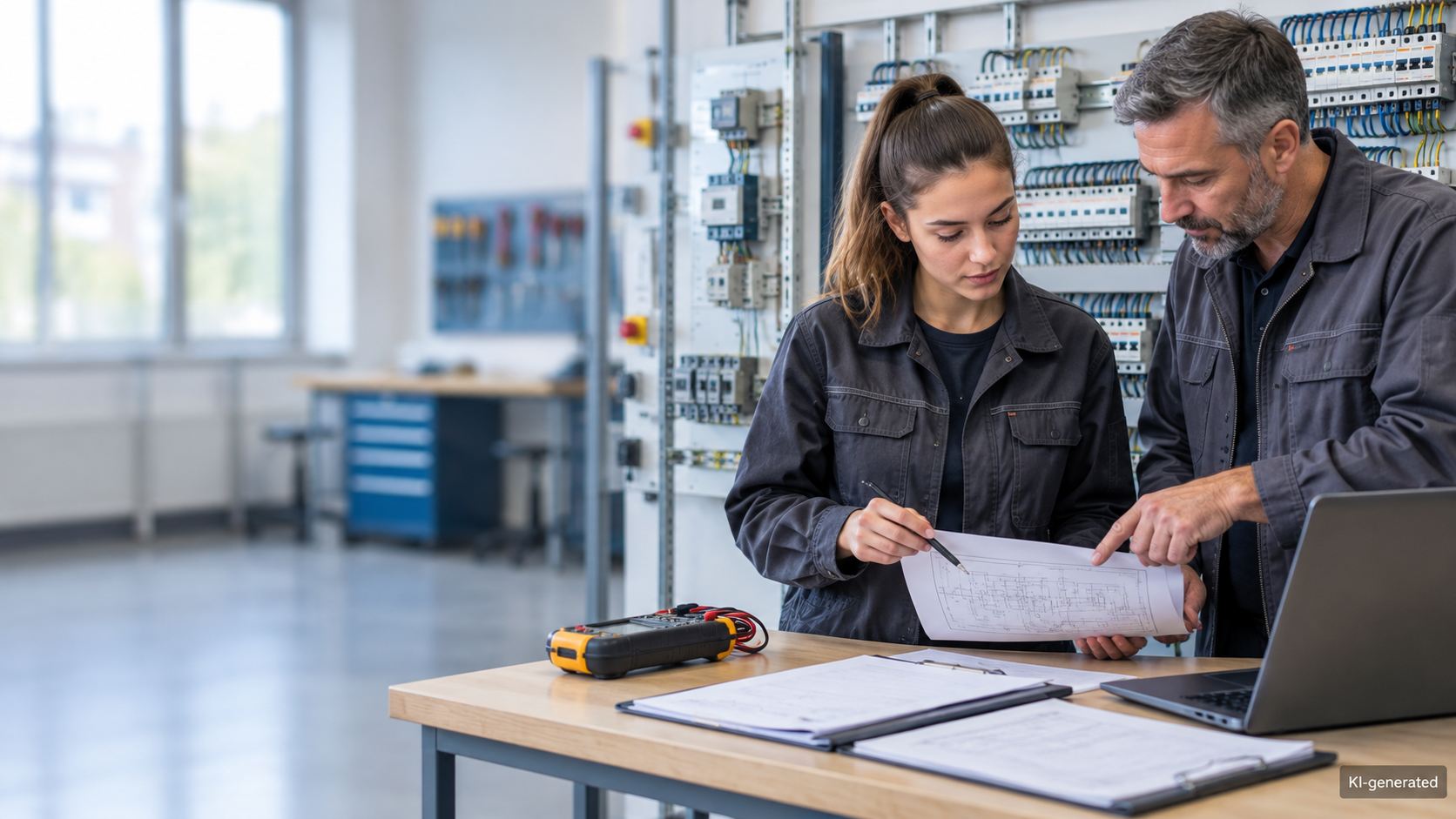 Elektrogesellin bespricht die Planung einer Übungsanlage mit einem Elektromeister